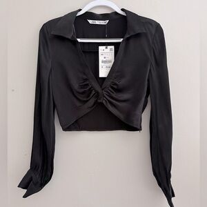 NWT Zara Collared Satin Crop Top Long Sleeve, Black XS